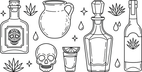 Mexican tequila alcohol drink vector icon set with agave bottle shot glass sugar skull and line art elements © MD