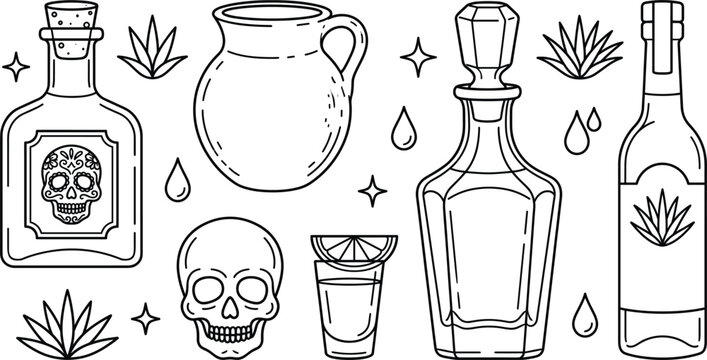 Mexican tequila alcohol drink vector icon set with agave bottle shot glass sugar skull and line art elements
