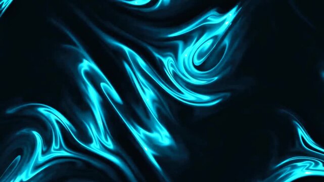 Mesmerizing abstract background with neon blue fluid liquid smoke swirling dynamically over a deep black backdrop.