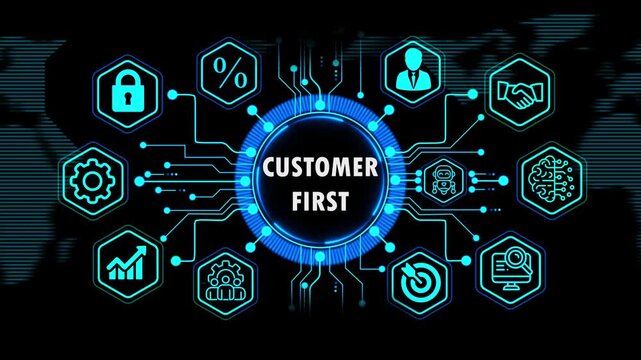  customer first concept with global financial and business growth elements, Internet, technology infrastructure concept. world map background on 4k animation video.