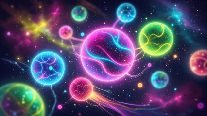 Obraz premium Neon spherical forms trailing luminous streams in space background