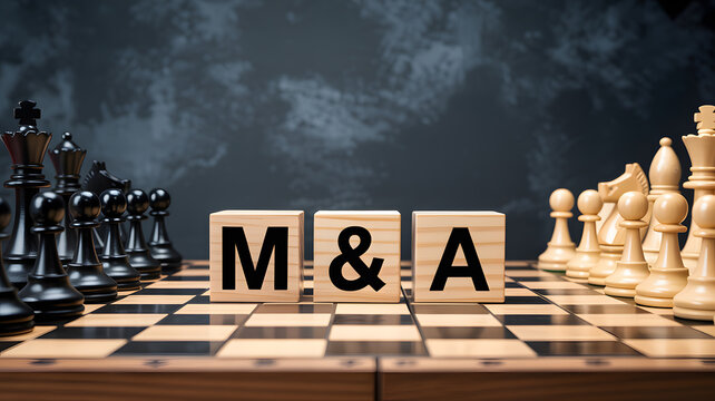 A chessboard with M&A blocks and pieces set for a strategic business game