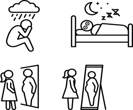 Mental health outline icons, depression sadness rain cloud, insomnia sleep disorder, body dysmorphia mirror reflection, anorexia weight issue vector illustration.