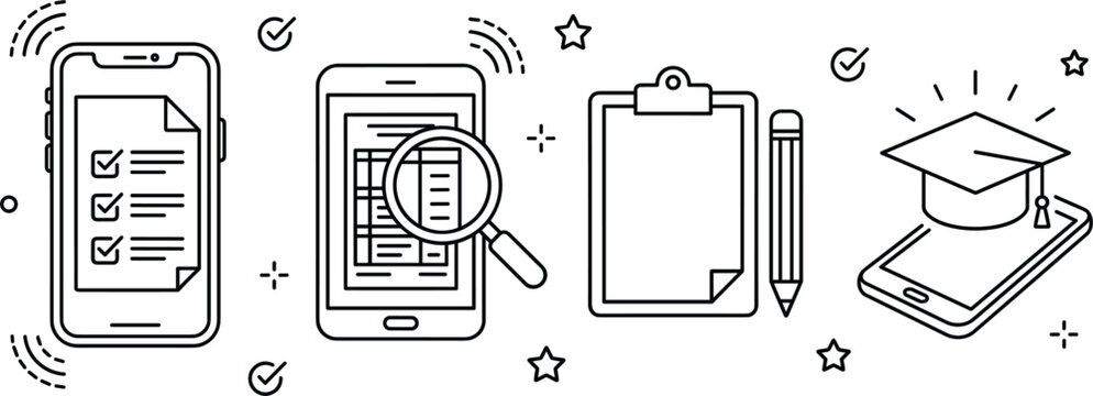 Online education and mobile learning doodle vector set with graduation cap smartphone test checklist clipboard and magnifying glass