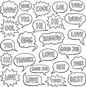 Black and White Comic Speech Bubbles Set with Hand Drawn Text Frames in Pop Art Style
