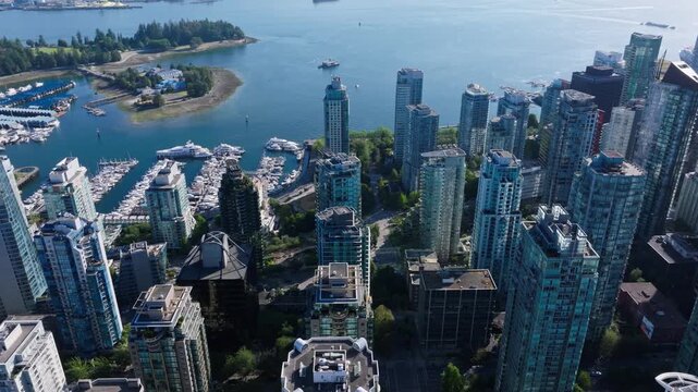 Aerial View Coal Harbour Waterfront Skyline Stanley Park and HMCS Discovery Island Vancouver Canada