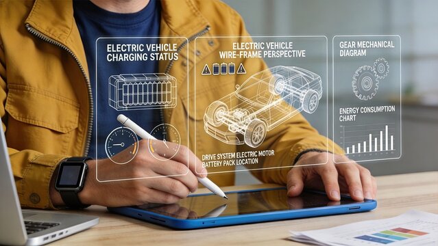 Engineer designing electric vehicle on tablet with holographic interface showing battery and motor