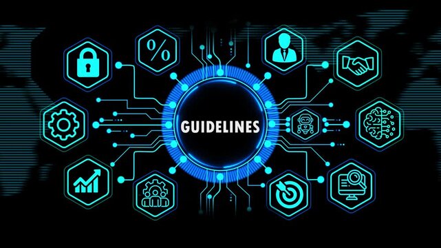  guidelines  concept with global financial and business growth elements, Internet, technology infrastructure concept. world map background on 4k animation video.