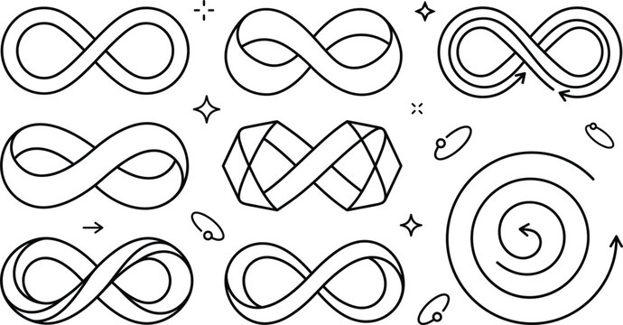 Infinity symbol and endless loop vector line icons set featuring geometric mobius strip spiral timeless continuum abstract elements