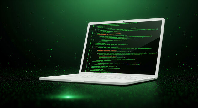 A sleek white laptop displaying complex computer code on a dark green background representing digital innovation and software