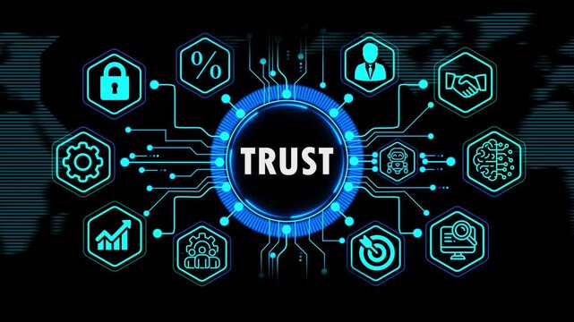  trust concept with global financial and business growth elements, Internet, technology infrastructure concept. world map background on 4k animation video.