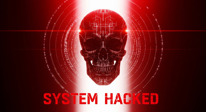 Digital Skull Illustration Depicting a Cyber Security System Breach with Glowing Red Circuitry Patterns and Warning Text