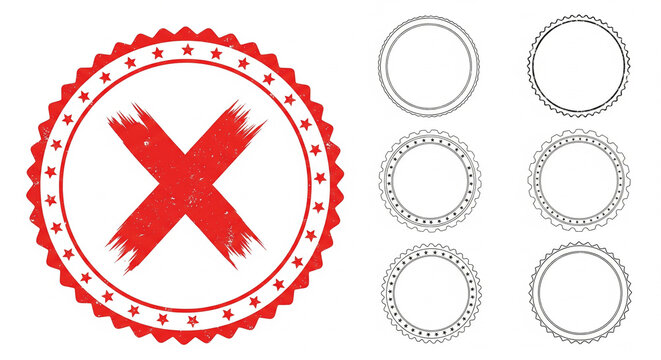 A red distressed rubber stamp featuring a cross mark symbol next to a collection of blank circular emblem frames on white