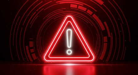 Fototapeta premium Neon red hazard warning triangle sign glowing in a dark digital cyber background representing system alert and security concepts