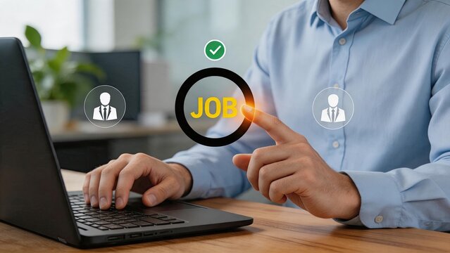 Recruiter selecting job candidate on laptop screen, human resources hiring process, clicking button to approve employment application, career opportunity concept.
