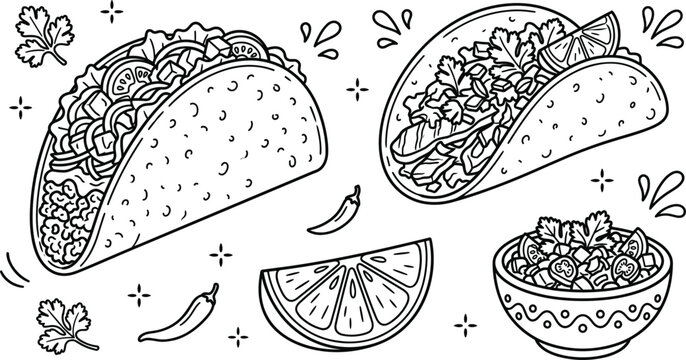Mexican food tacos doodle vector set with traditional hard shell taco lime slice salsa bowl and cilantro lineart