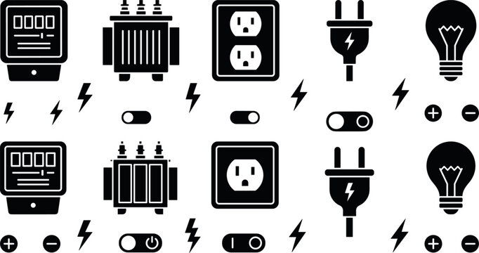 Electrical Energy System Icon Vector Set with Power Meters Substation Transformers Wall Sockets Plugs Lightbulbs and Lightning Bolt Switches