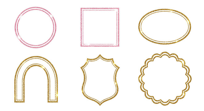 Collection of six assorted gold and pink empty frame borders on white background for photo or text
