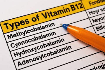 Obraz premium A close-up view of a list of Vitamin B12 types including Methylcobalamin, Cyanocobalamin, Hydroxycobalamin, and Adenosylcobalamin written on paper with an orange pen, isolated on white background