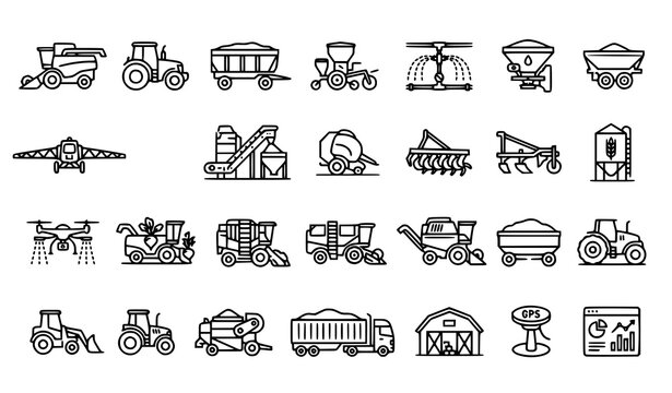 Farm Machinery and Grain Harvest Equipment Outline Icons for Agriculture and Crop Production