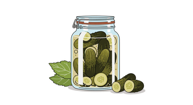Traditional glass jar packed with pickled cucumbers sitting next to fresh gherkins and green leaves on a clean white background.
