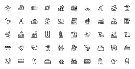 Fototapeta premium Agriculture icon set. Farm vector icons pack. Minimalist line icons. Featuring tractor, farmer, barn, corn, cow, chicken, wheat and more. Editable vector stroke.