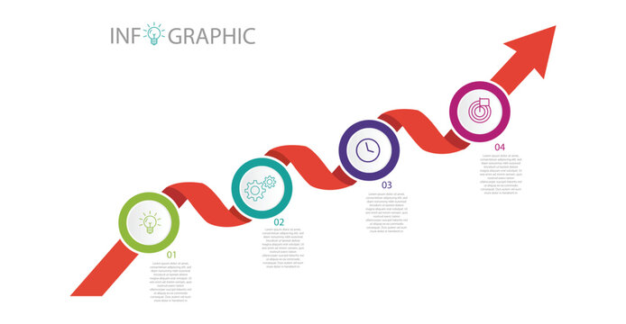 Growth infographic arrow template with 4 steps. Business growth concept and Success business step. Can be used for web design, timeline, diagram, chart, graph, business presentation. 