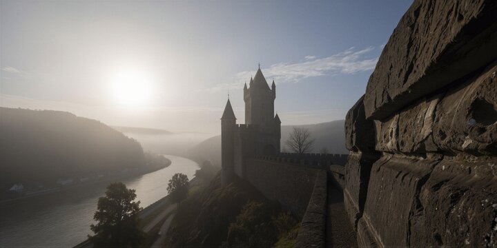 Marksburg Castle rises majestically from its hilltop perch, its stone fa&ccedil;ade softened by winter mist as the Rhine River winds serenely below.