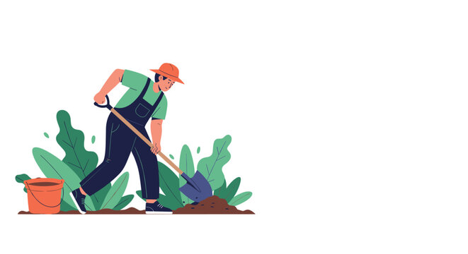 Hardworking gardener wearing overalls and a hat digging in the garden soil with a shovel near green leafy plants.