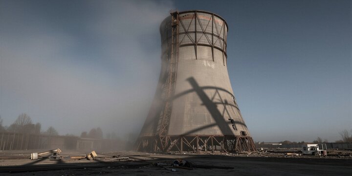 Abandoned hyperbolic cooling tower stands as a weathered nuclear power plant structure in a desolate industrial landscape.