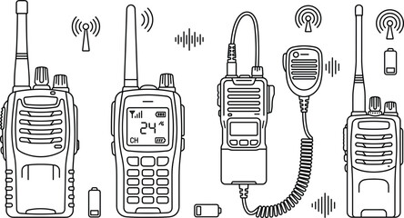 Portable walkie talkie radio communication line art vector elements set featuring receiver handheld transceivers antenna signals waves microphones © MD