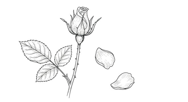 Detailed black and white pencil sketch of a single rosebud with leaves and two fallen petals on a white background.