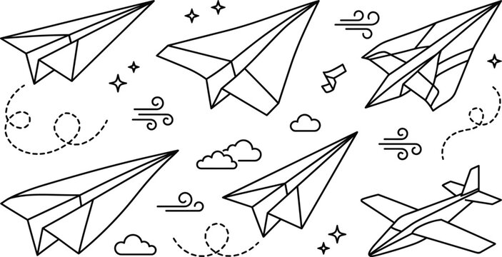 Paper airplane vector icon set with origami aircraft flying clouds wind and startup creative concept line art elements