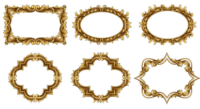 Set of six ornate gold picture frames with intricate designs on white background for decoration