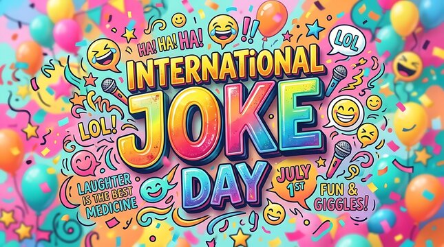 Colorful international joke day celebration with emojis balloons and fun text for july first party