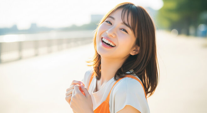日差しを浴びながら弾ける笑顔をみせる女性