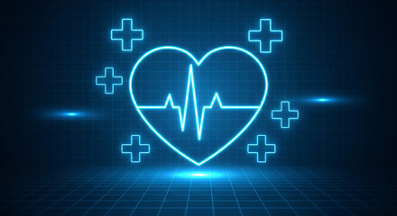 Obraz premium Glowing blue heart with ecg line and medical crosses on dark grid background