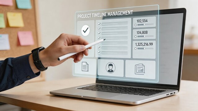 Project timeline management dashboard on futuristic holographic screen above laptop, task checklist, budget tracking, resource allocation, team collaboration, productivity