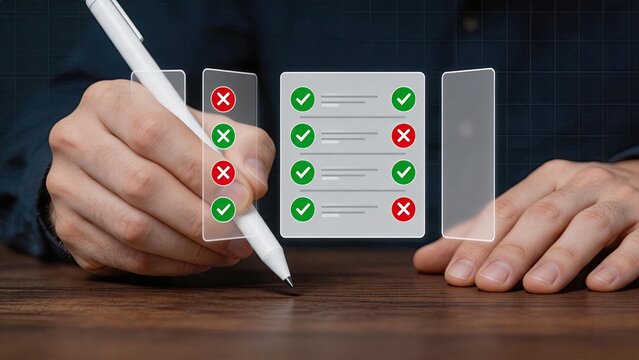Hand holding pen checking list with green ticks and red crosses, audit evaluation concept, quality control inspection, pass fail results, assessment test, verification process,