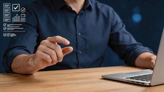 Person checking task list and analytics charts on laptop screen, focusing on productivity and project management with digital checklist icons overlay representing completed goals