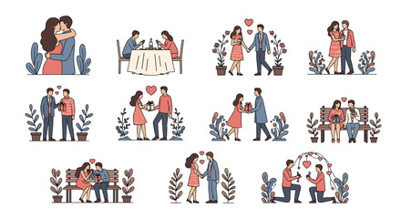 Fototapeta premium Large set of romantic scenes illustrates various couples dating eating dinner giving gifts and proposing in a park setting.