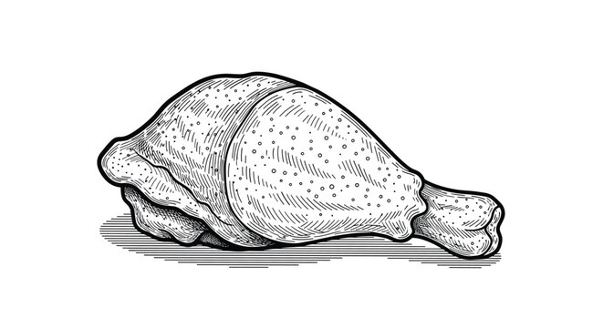 Detailed hand drawn sketch of a roasted chicken drumstick isolated on a white background for food and culinary illustrations.