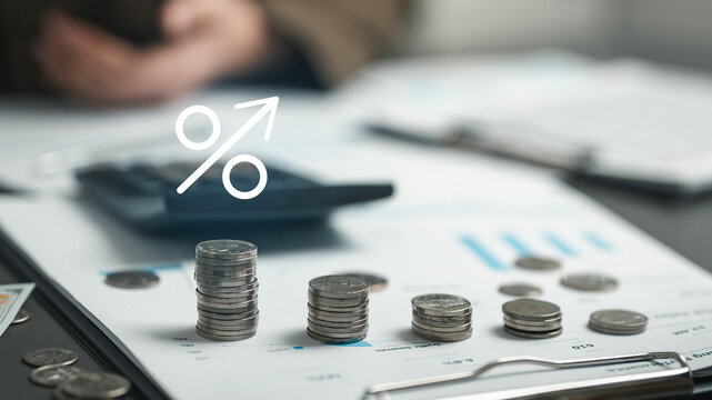 Financial comparison of interest rates, savings returns, and investment yields using charts, coins, and analytics. Represents wealth growth, deposit planning, banking decisions.