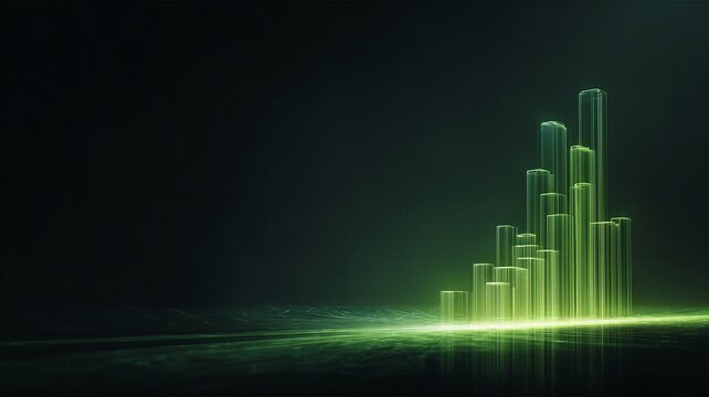 Abstract glowing green data graph resembling futuristic city buildings for financial growth concepts