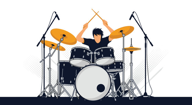 Silhouette of a male drummer energetically playing a full drum kit with microphones in a concert or studio setting.