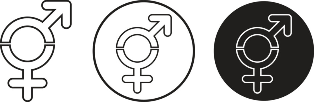 Transgender icon set combining male and female symbols with a split circle design in outline styles. Vectors elements for pride events, identity graphics, community logos and diversity illustration.