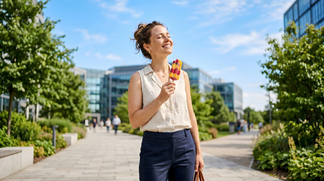 Professional woman taking a refreshing summer pause outdoors while enjoying a frozen fruit treat. Work life balance and emotional wellbeing concept.