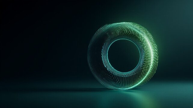 Glowing green and blue wireframe torus shape on dark background for abstract geometric tech designs