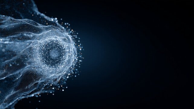 Abstract glowing blue digital core surrounded by fluid particle mesh for advanced cyber technology