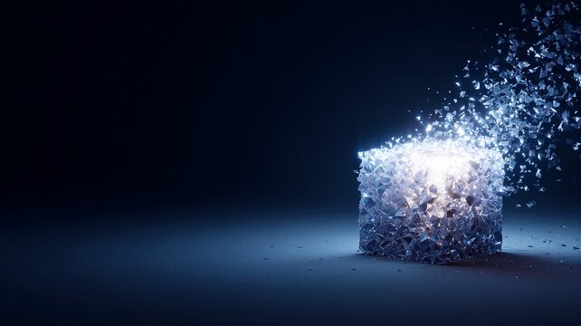 Shattering glowing digital glass cube exploding into tiny fragments for dynamic tech backgrounds